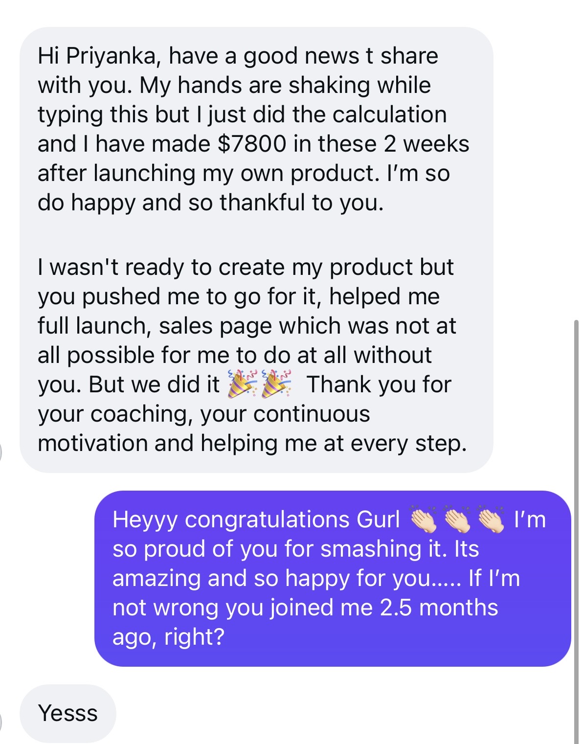 Message from Jessi sharing she made $7,800 in two weeks after launching her own product